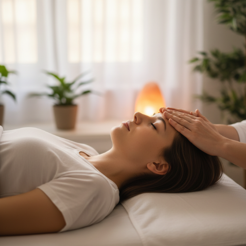 Craniosacral Therapie Behandlung — sanfte Berührung am Kopf auf der Liege